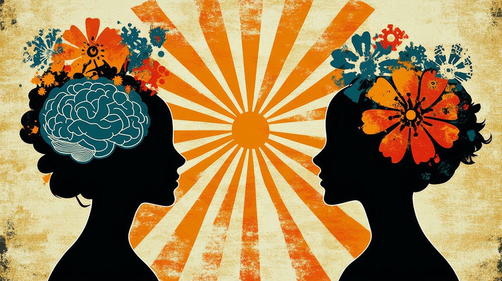Potência neuronal. Dinâmica neuronal. Imagem retrô de duas mulheres.