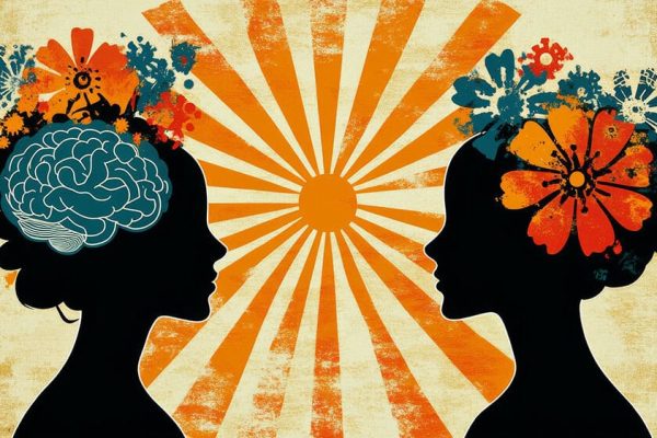 Potência neuronal. Dinâmica neuronal. Imagem retrô de duas mulheres.